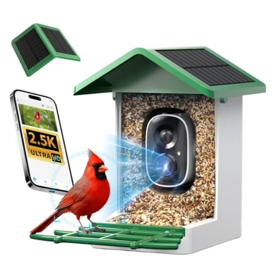 Smart Bird Feeder with Camera, 2.5K QHD, AI Identify 16000+ Birds, Dual Solar Panel, AI Auto-Capture and Motion Detection, IP