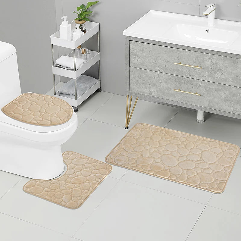 Solid Color Microfiber Bathroom Floor Mat Set Water Absorbing Non Slip Stone