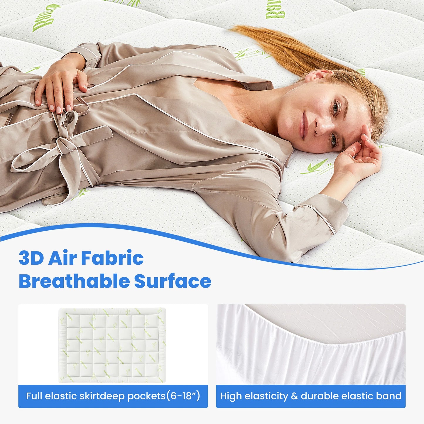 JHK Soft Mattress Topper Full Size Viscose Made from Bamboo Pillow Top Mattress Pad for Breathable Cooling Back Pain Relief