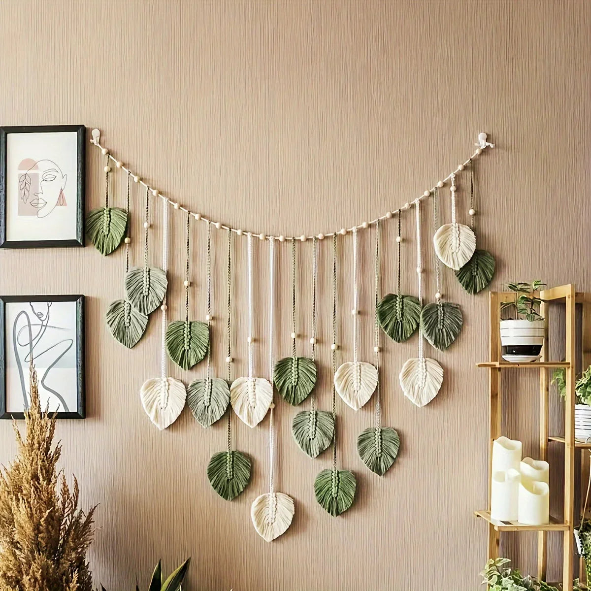 Modern Woven Wall Decor With Green Leaves And Bohemian Style