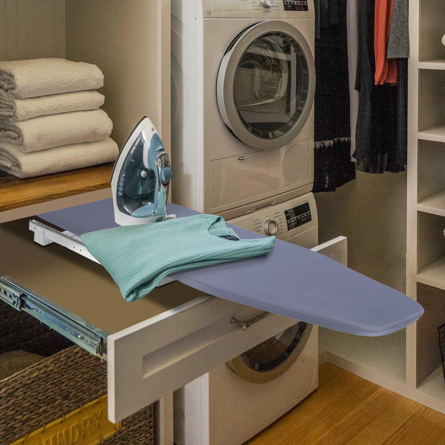 Retractable Ironing Board For Cabinet Storage With Pull Push Mechanism