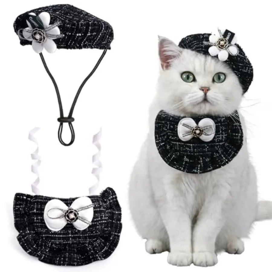 2PCS Cat Beret Hat with Small Camellia, Adjustable Satin Bowtie Bandana Scarf Set Pet Princess Costume for Halloween Christmas,