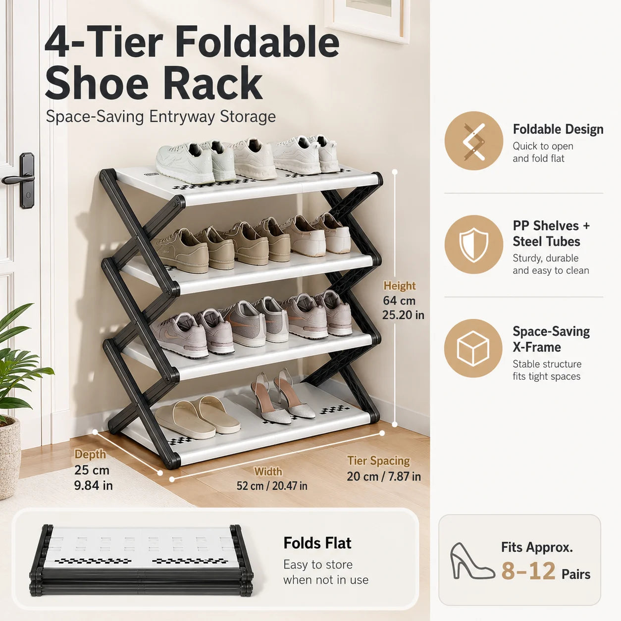 Joybos Foldable Shoe Rack With X Frame And PP Shelves No Assembly Required