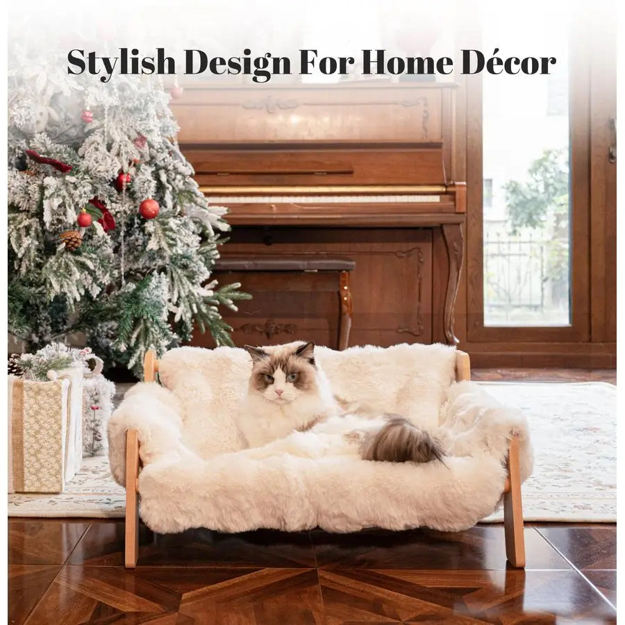 Elevated Wooden Cat Couch Bed With Removable Washable Fluffy Cover
