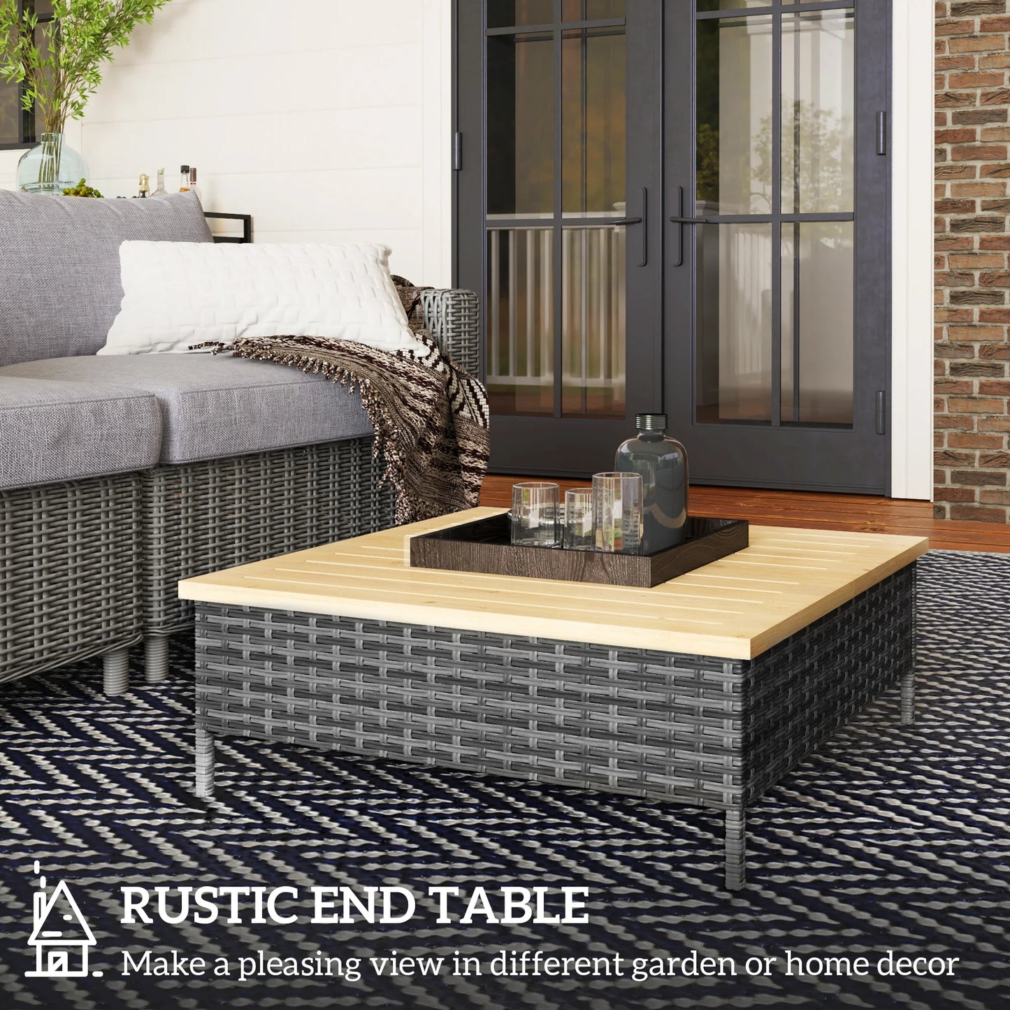 Outdoor Side Table with PE Rattan, Patio End Table with Wood Top