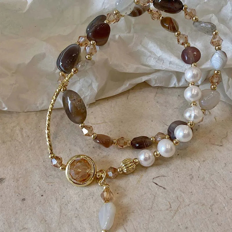Double Layer Crystal Pearl Beaded Bracelet For Women Vintage Ethnic Style