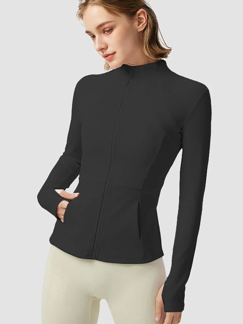 Women's Lightweight Yoga Jacket With Zipper Pockets And Thumb Openings