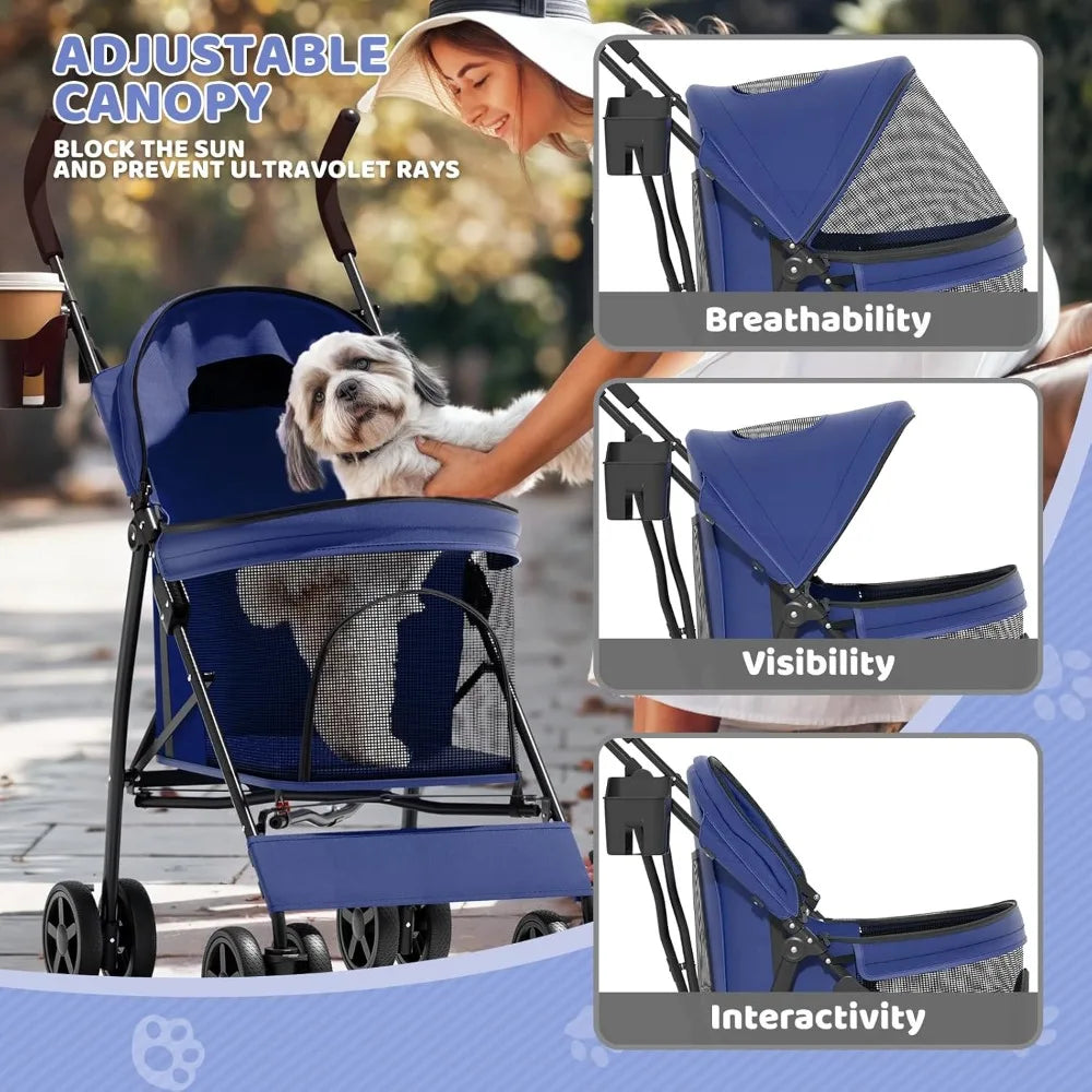 Compact Pet Stroller for Small-Medium Dogs/Cats up to 22lbs, 4-Wheel Lightweight Umbrella Shaped Portable Puppy Travel