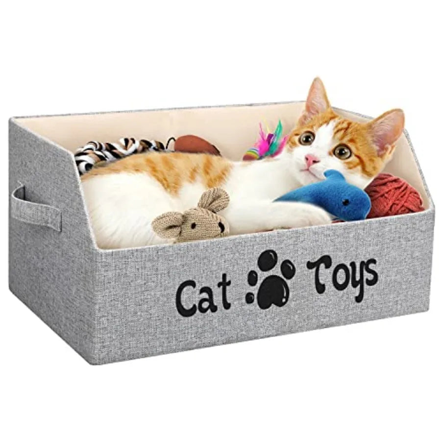 2X Thicker Large Cat Toy Bin Collapsible Cat Toy Box Sturdy Cat Toy Basket Kitten Toy Storage Bed for Organizing Cat Toys Treat