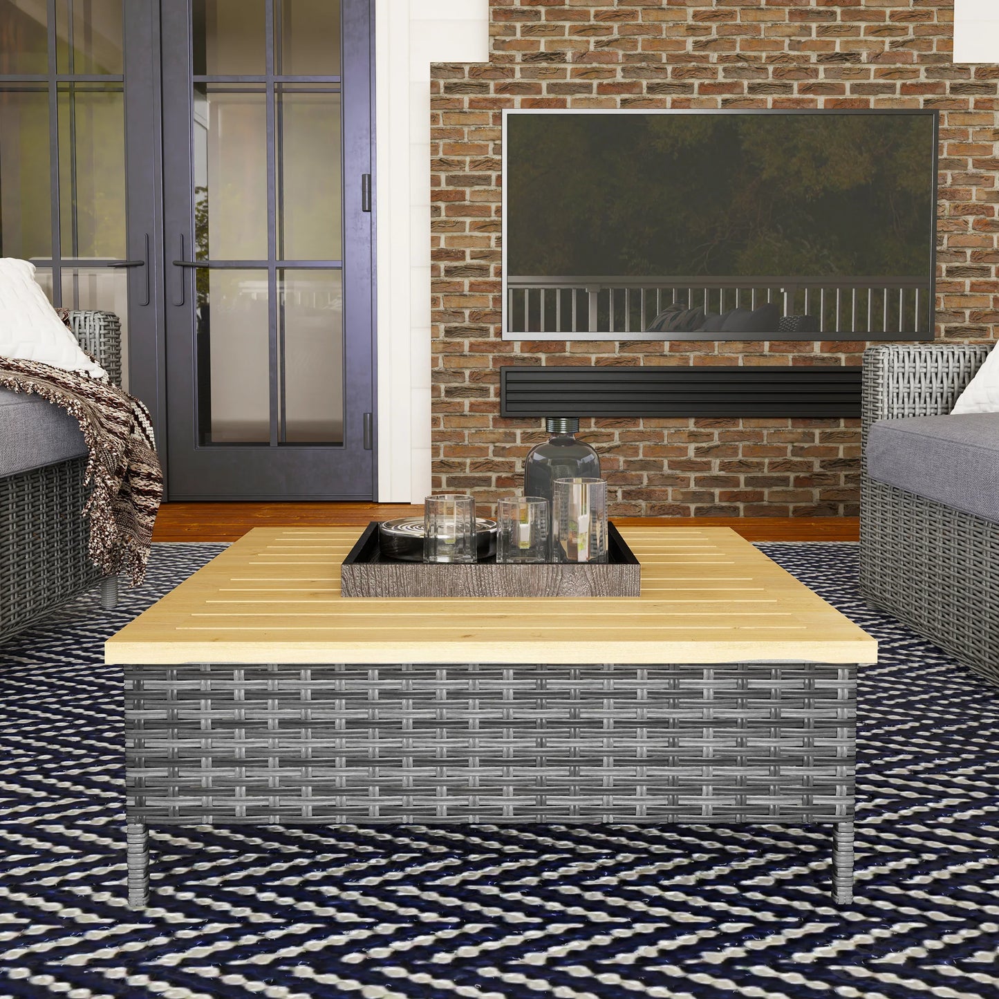 Outdoor Side Table with PE Rattan, Patio End Table with Wood Top