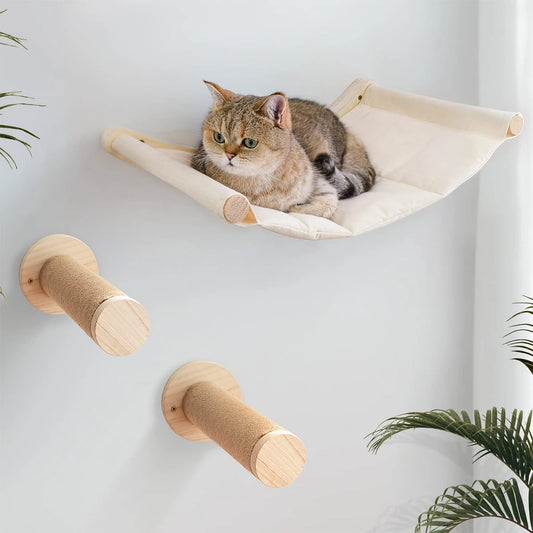 PETRAVEL CN Cat Wall Mounted Hammock Bed With Three Layer Wood And Sisal Shelves