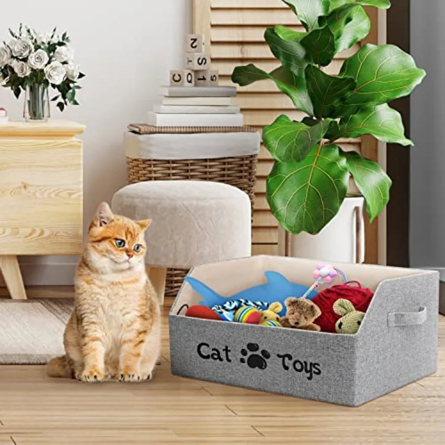 2X Thicker Large Cat Toy Bin Collapsible Cat Toy Box Sturdy Cat Toy Basket Kitten Toy Storage Bed for Organizing Cat Toys Treat
