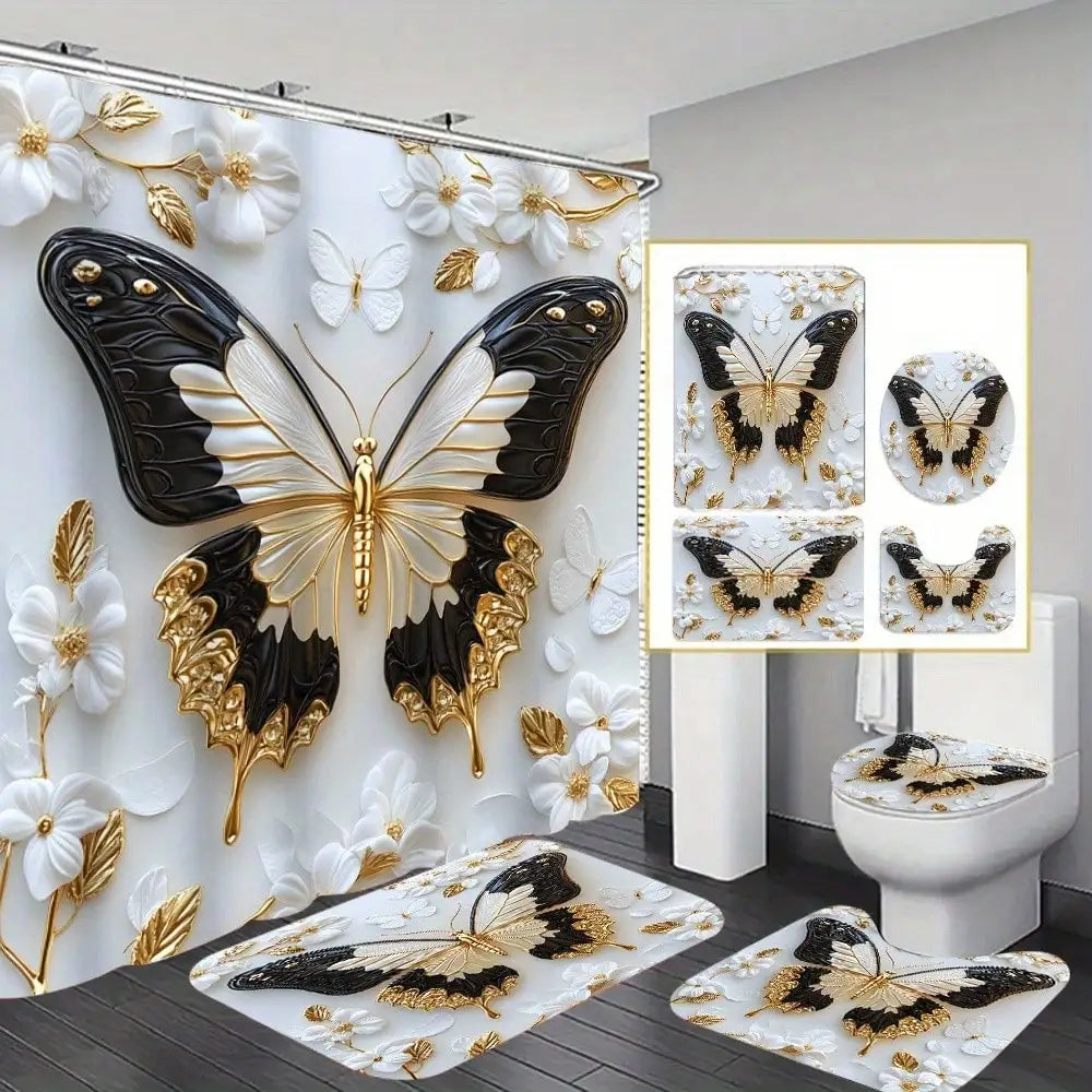 Butterfly Shower Curtain Set With Waterproof Non Slip Floor Mat