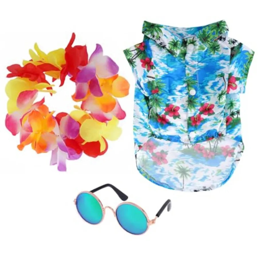 3 Pieces Pet Hawaiian Costume Summer Shirts Sunglasses and Wreath for Small Dog Cat Halloween Holiday Costume