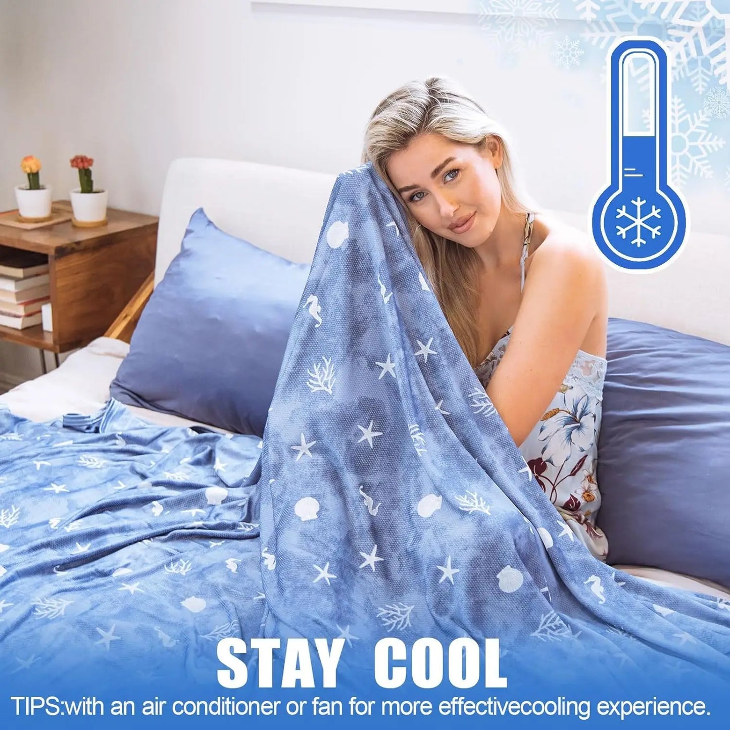 Cooling Throw Blanket with Double Sided Cold Effect, Lightweight Breathable Summer Coastal Theme Bed Blanket, Transfer Heat to K