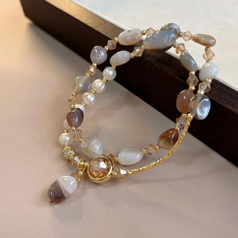 Double Layer Crystal Pearl Beaded Bracelet For Women Vintage Ethnic Style
