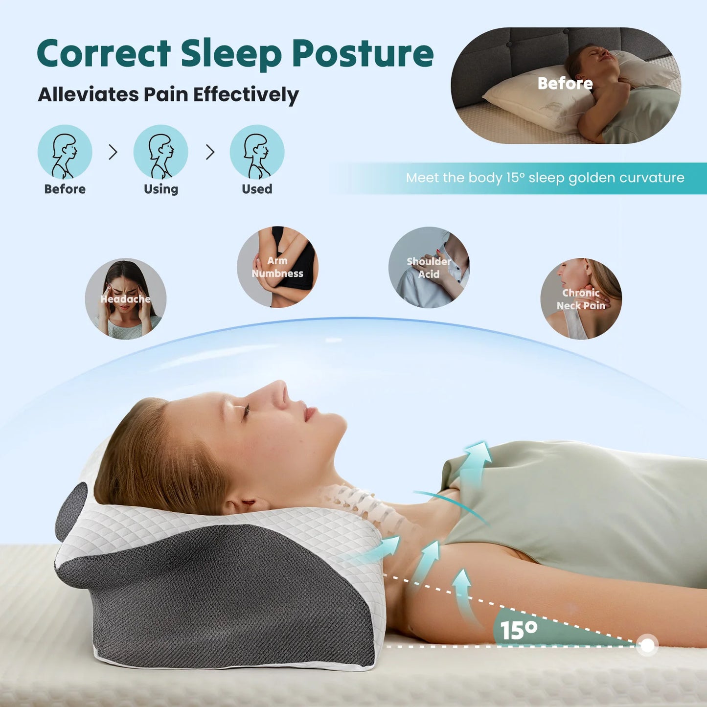 JHK Cervical Memory Foam Neck Pillow With Cooling Pillowcase