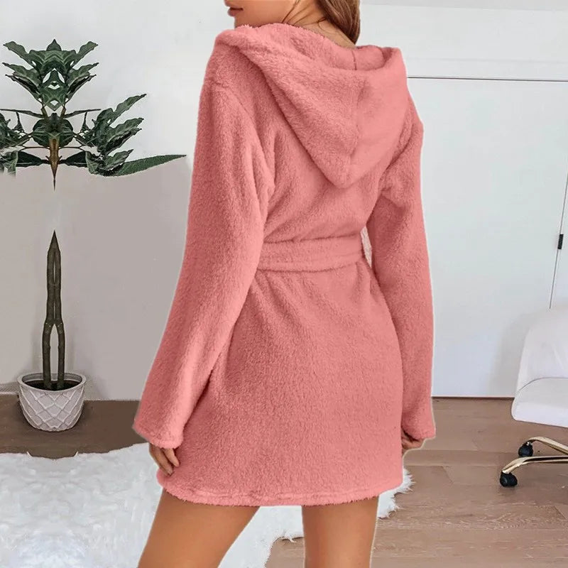 Fluffy Winter Women's Robe Plush Hooded Bathrobe Comfortable Cozy