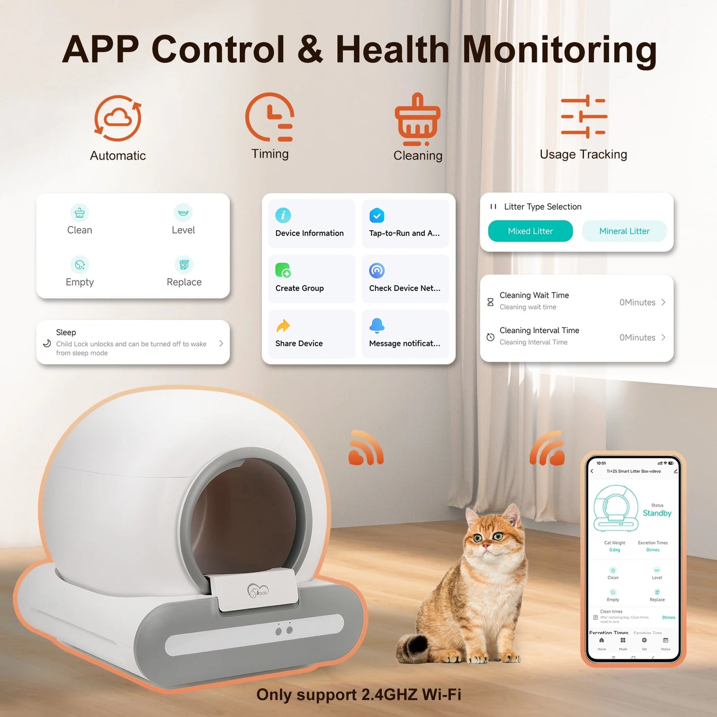 DOEL Self-Cleaning Cat Litter Box App Control and 2.4G WiFi