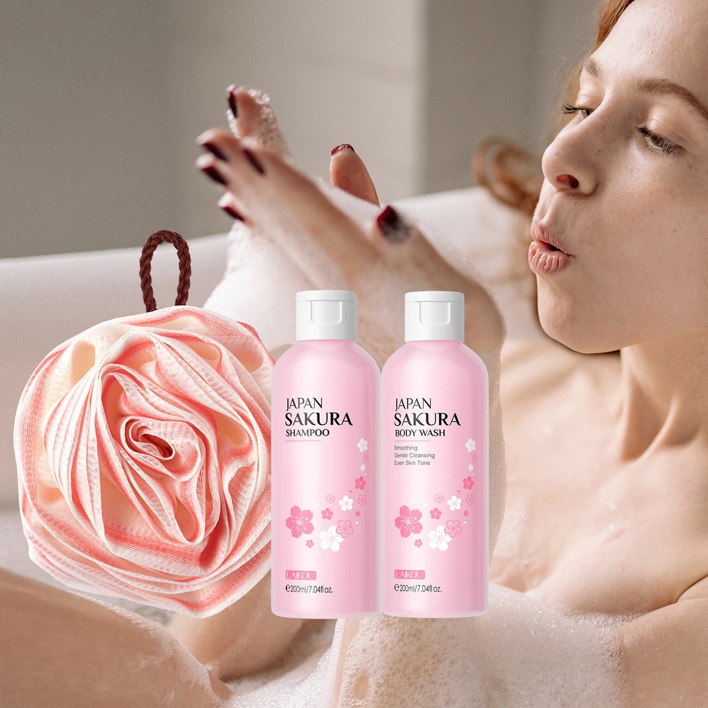 LAIKOU Japan Sakura Body Wash And Shampoo Set Deep Cleansing