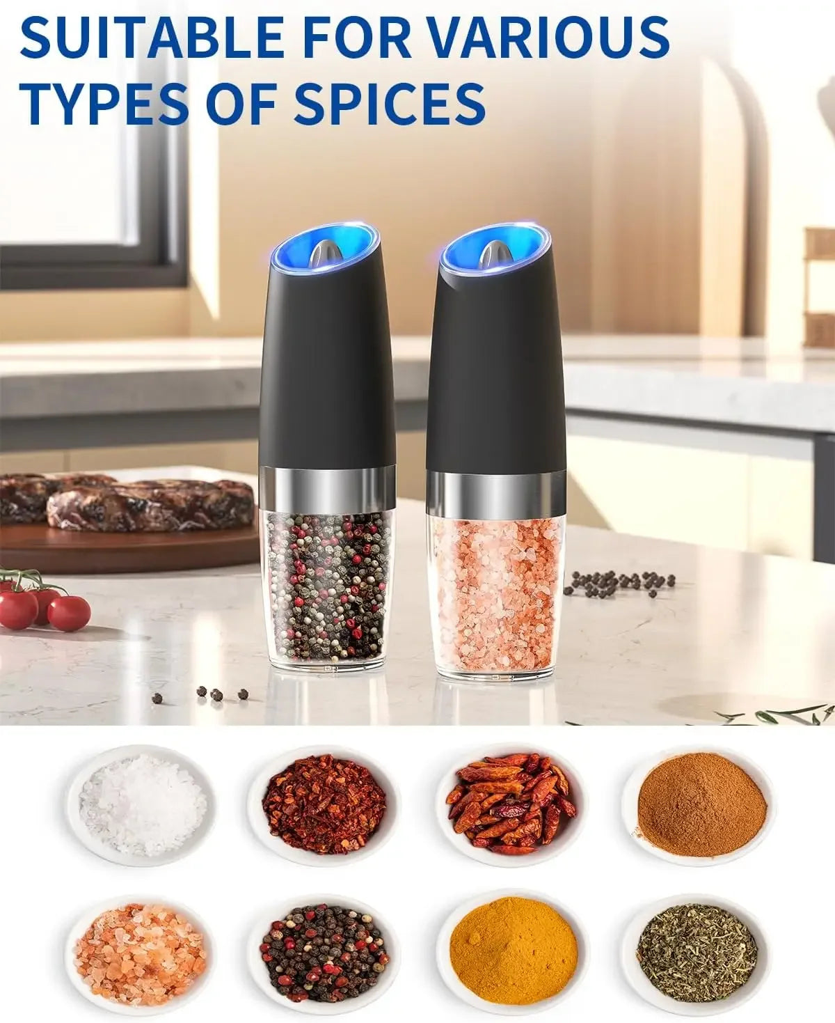 Gravity Electric Salt and Pepper Grinder Set Battery Operated With LED Light