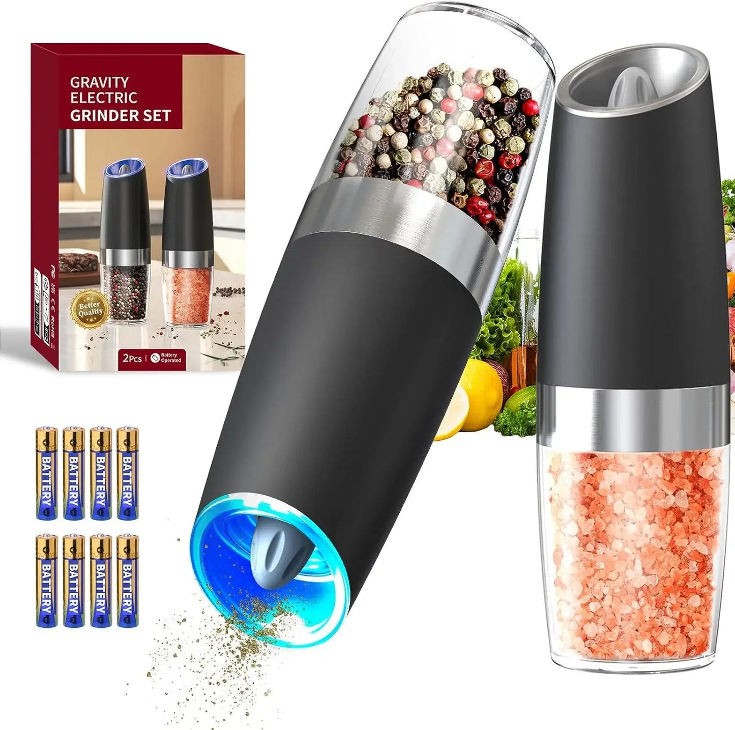 Gravity Electric Salt and Pepper Grinder Set Battery Operated With LED Light