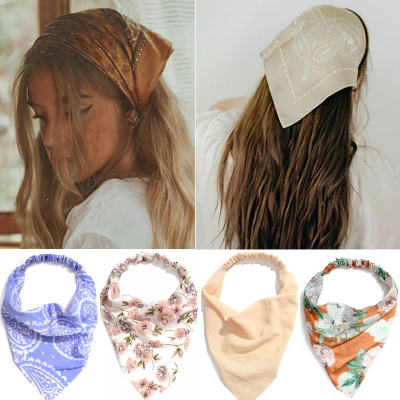 Summer Vintage Print Flower Beach Bandana Hair Scarf Fashion Elastic Rubber Headbands for Women Girl Hair Accessories