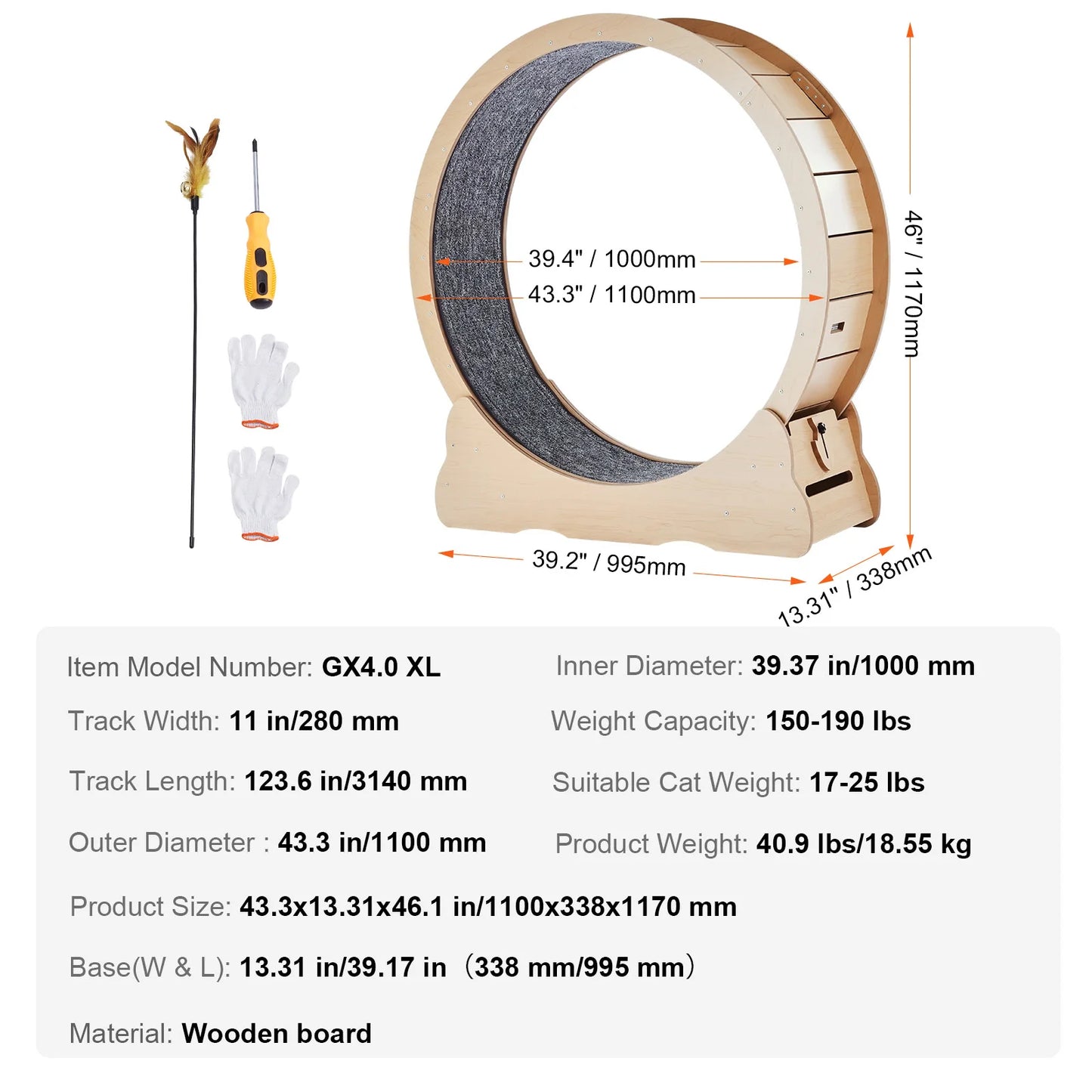 SucceBuy Wooden Cat Exercise Wheel With Detachable Carpet Teaser