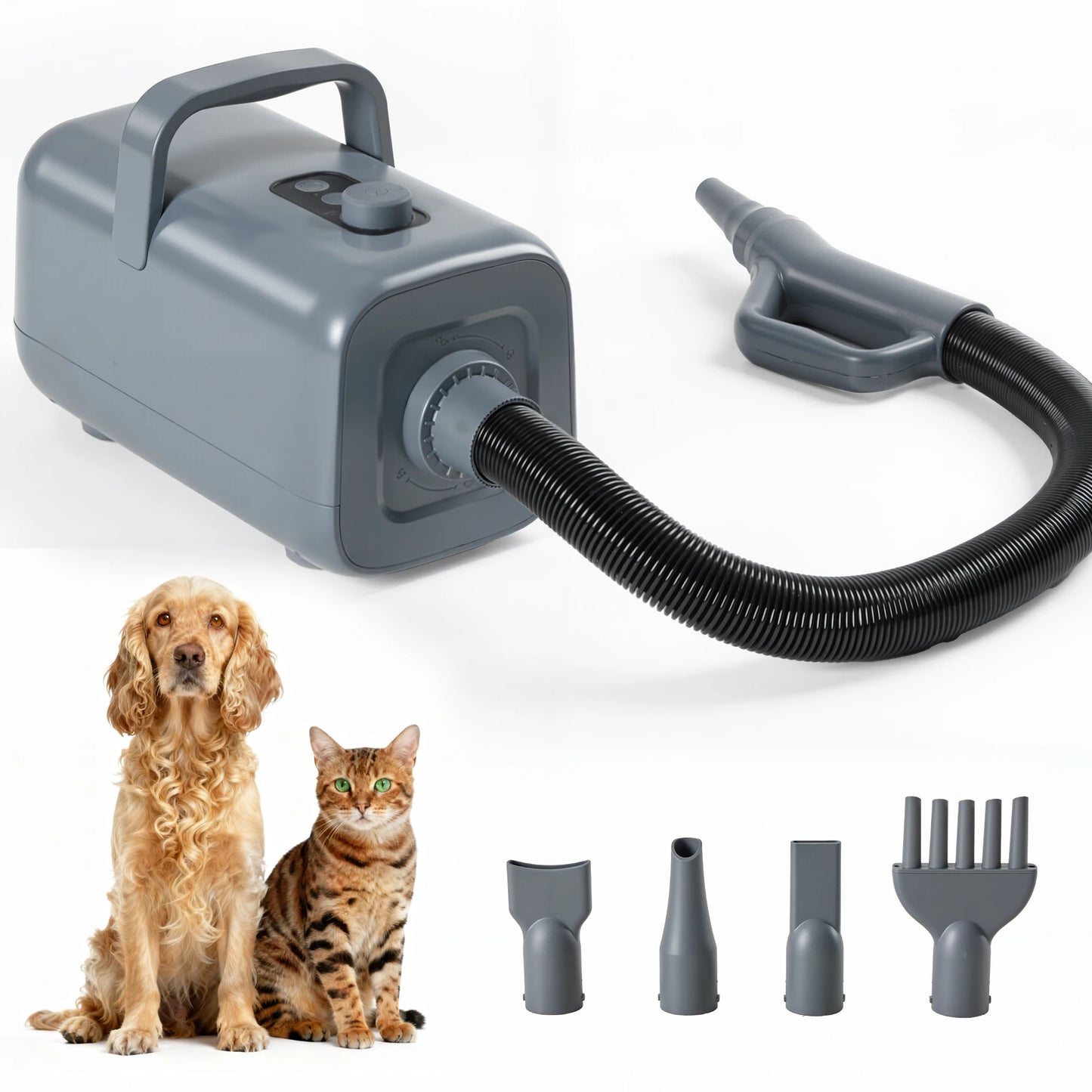 JHK 5-piece Pet Blow Dryer Grooming Vacuum Kit  4 Nozzles 6.5 FT Cord for Low Noise Dog Hair Dryer with Adjustable Cool-Warm-Hot