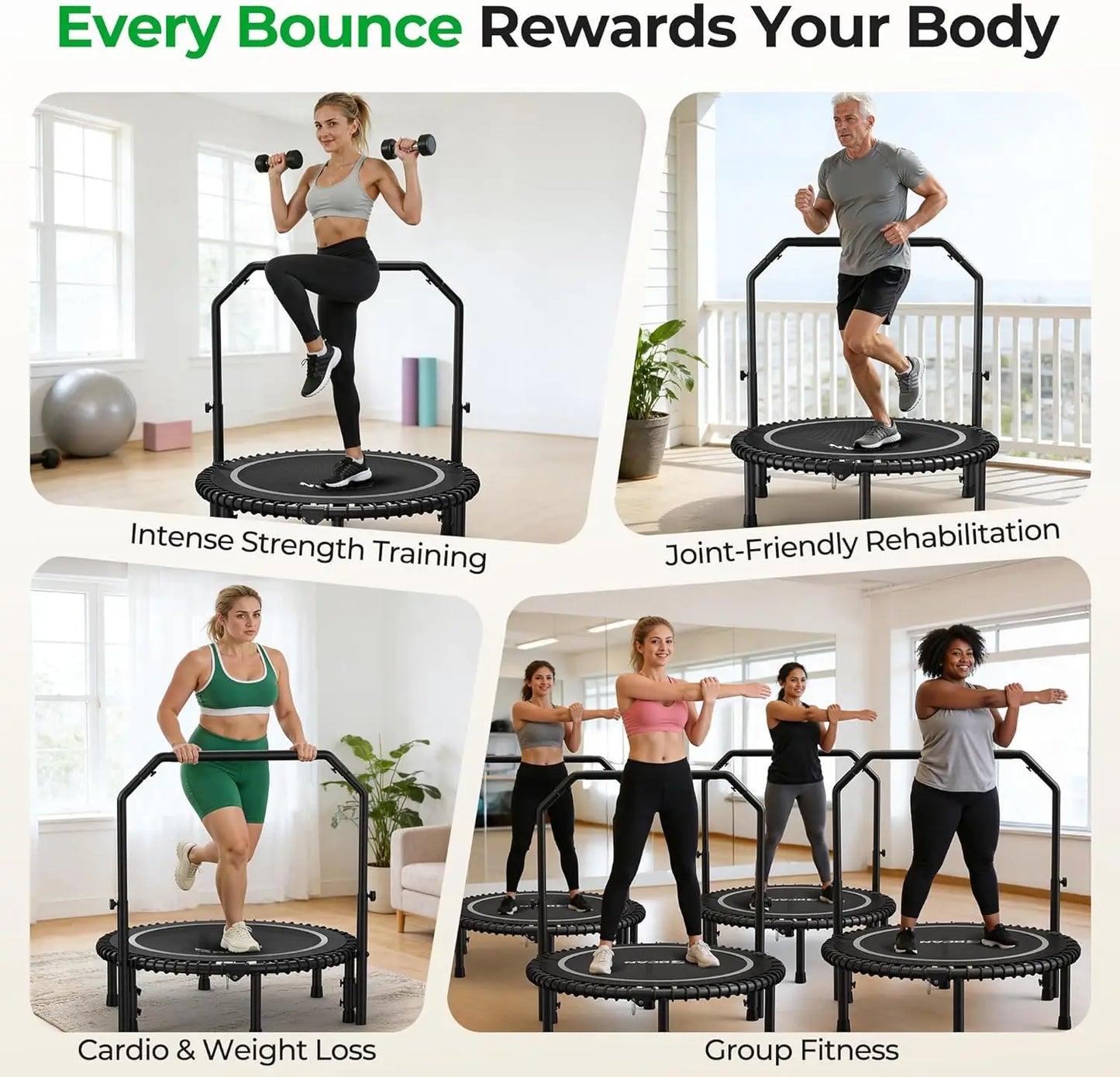 BCAN 450LBS Mini Rebounder Trampoline, Fitness Trampoline with Bungees, Adjustable Handle, Whole-Body Workout & Relaxation-40IN