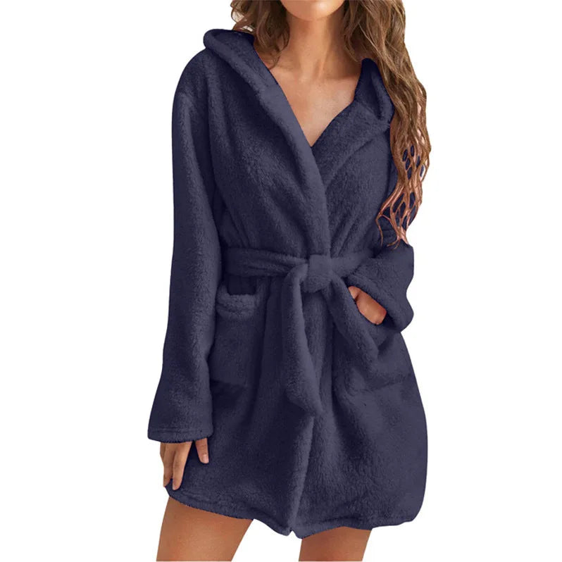 Fluffy Winter Women's Robe Plush Hooded Bathrobe Comfortable Cozy