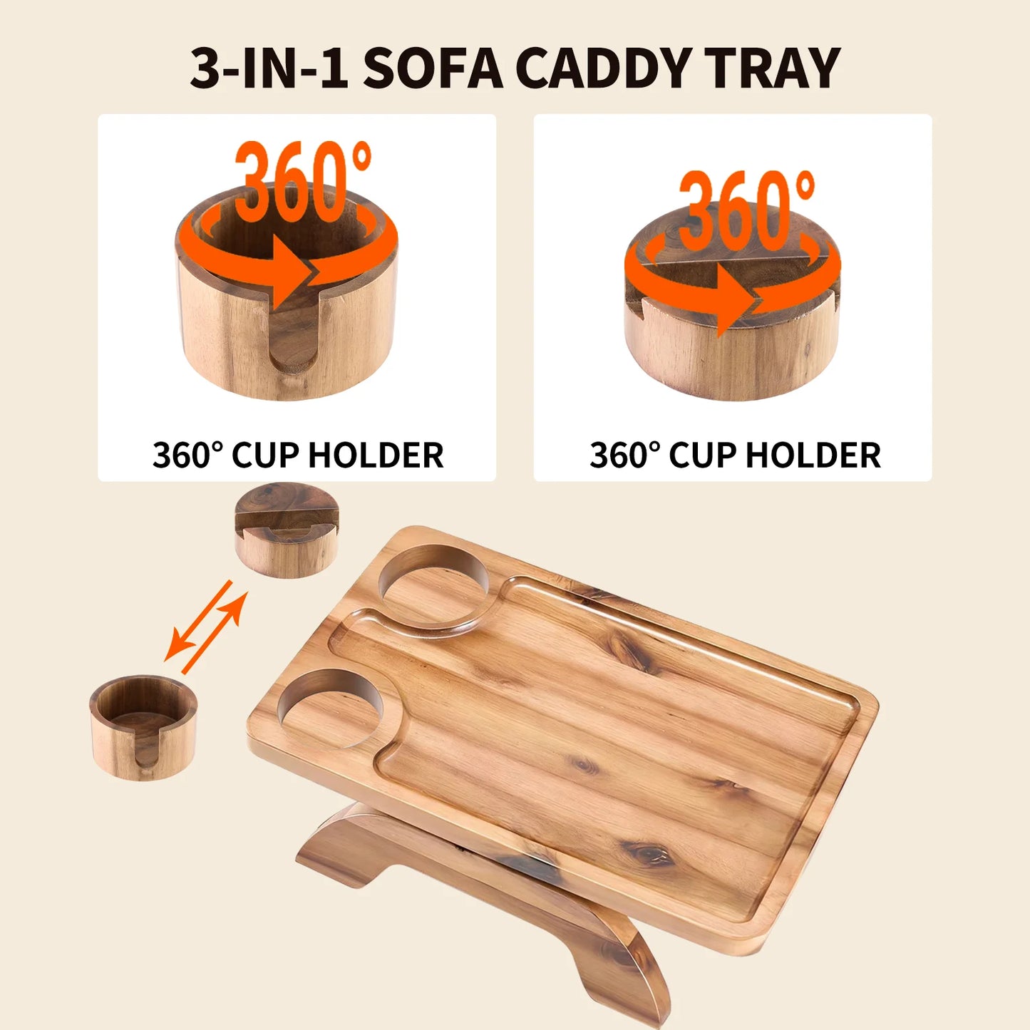 JHK Foldable 3 In 1 Clip Sofa Armrest Tray with 360° Rotating Phone Holde Couch Cup Holder Tray Anti-Slip Couch Arm Table for Drink Snacks