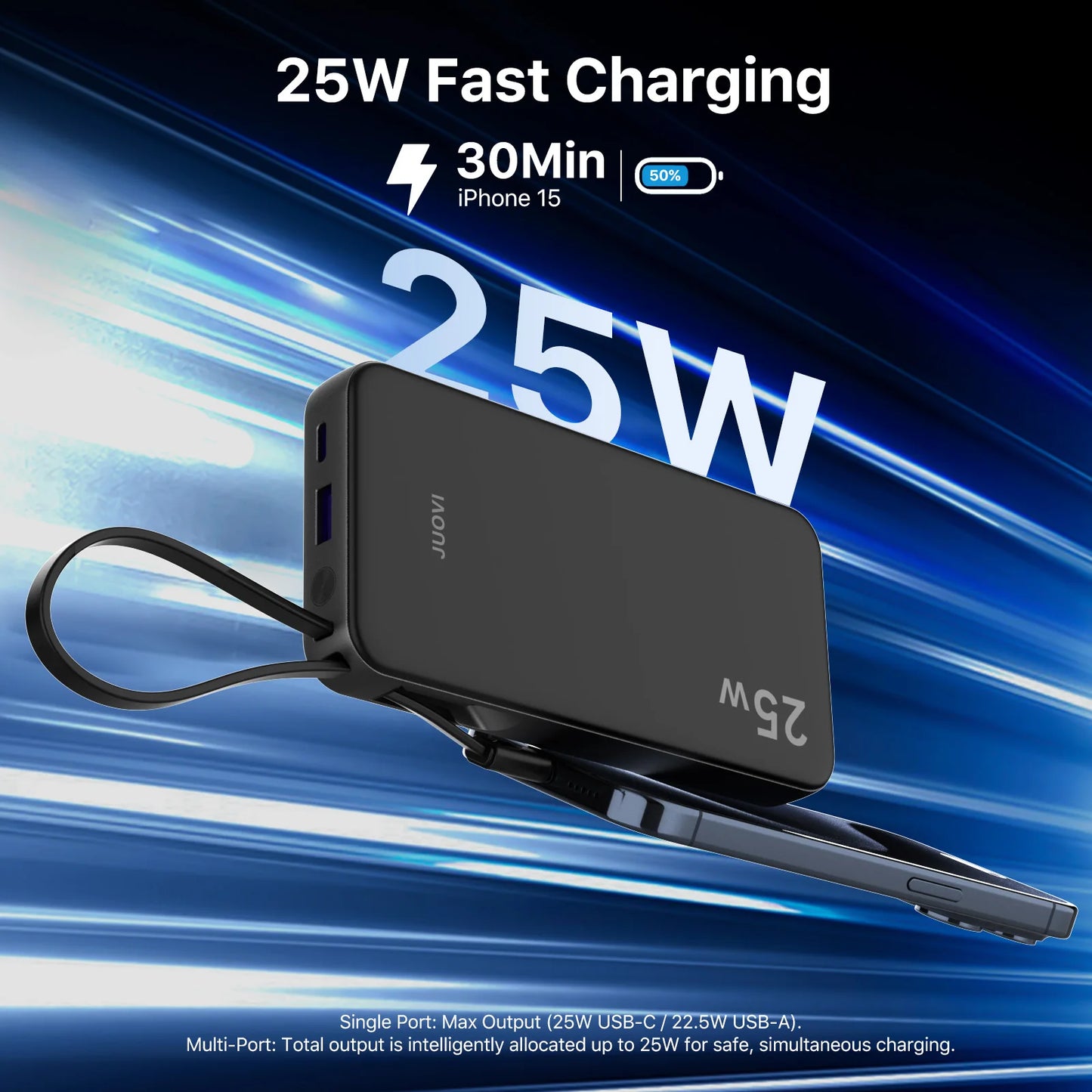 JUOVI 10000mAh Power Bank Built In Cable 25W Fast Charging Portable Charger External Battery For iPhone Samsung Travel Camping