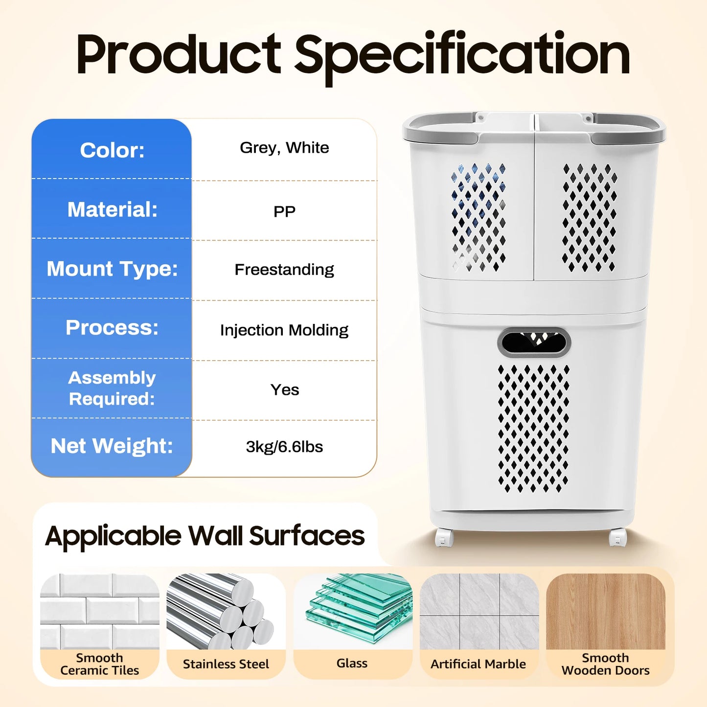 Movable Three Basket Laundry Hamper Sorter With Wheels And Handle