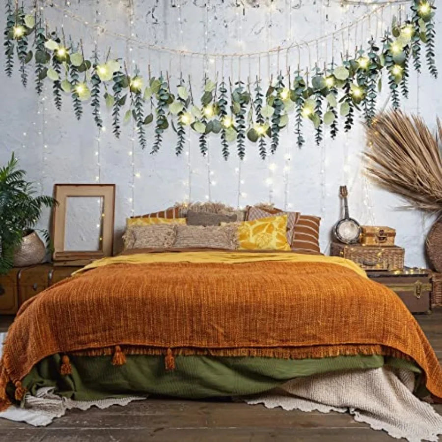 Artificial Hanging Eucalyptus Wall Decor Boho Bedroom Wall Decor with LED String Light for Home Office Farmhouse Nursery Bathro