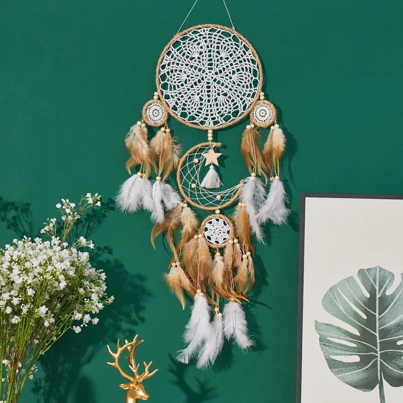 Moon Dream Catcher 5 Piece Set Handcrafted Bohemian Wall Decor