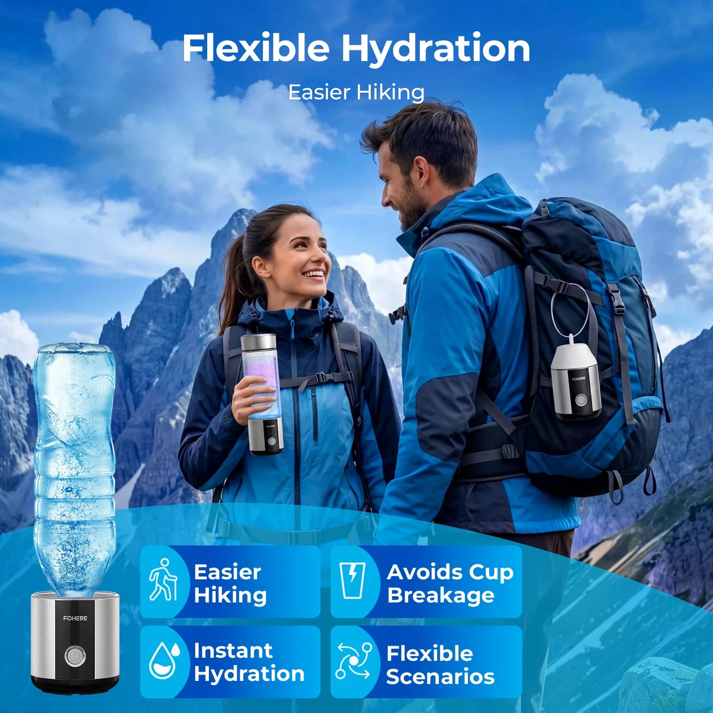 Hydrogen Water Bottle, Up to 6000ppb, Hang & Go Portable Hydrogen Water Generator with SPE/PEM Technology, Leak-Proof Design for Home, Office, Travel, Hiking