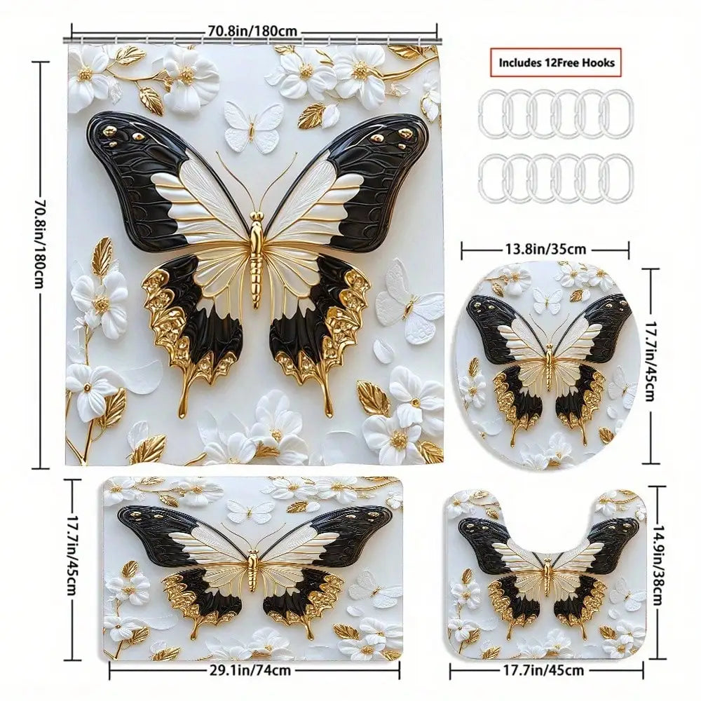 Butterfly Shower Curtain Set With Waterproof Non Slip Floor Mat