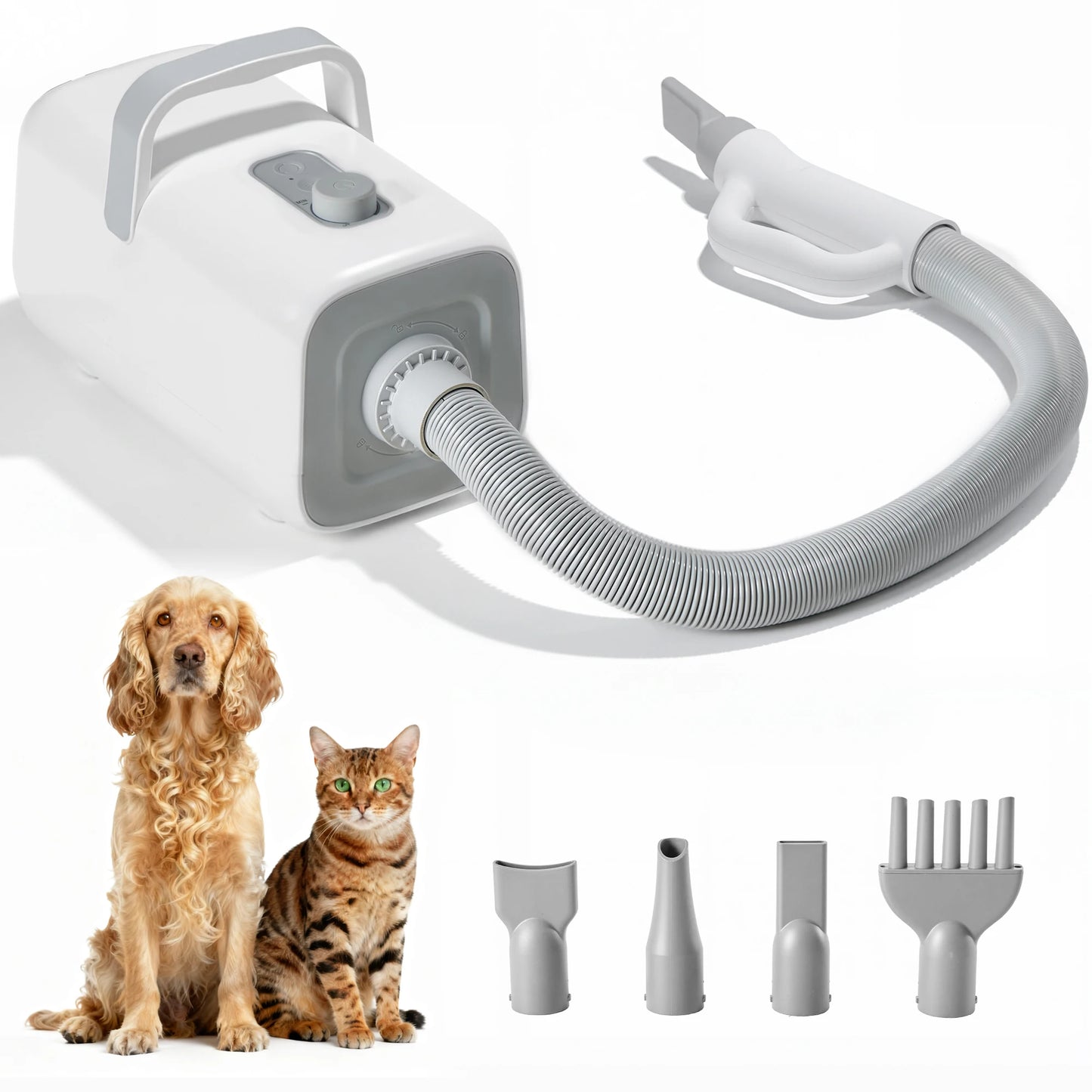 JHK 5-piece Pet Blow Dryer Grooming Vacuum Kit  4 Nozzles 6.5 FT Cord for Low Noise Dog Hair Dryer with Adjustable Cool-Warm-Hot