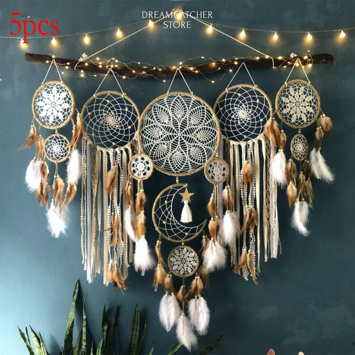 Moon Dream Catcher 5 Piece Set Handcrafted Bohemian Wall Decor