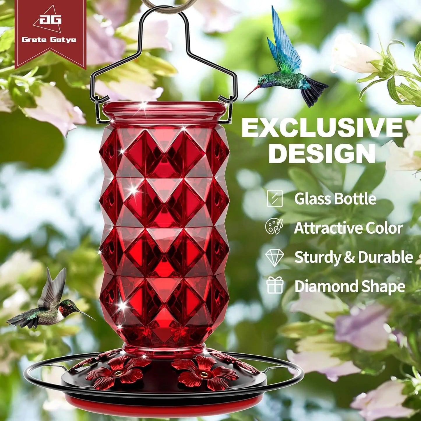 Glass Hummingbird Feeders for Outdoors Hanging, 25Oz Bird Nectar Feeder with Perch & 5 Flower Feeding Ports Leak Proof Hanging f
