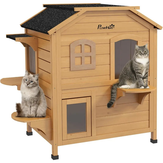 pawhut 2-story cat house outdoor, weatherproof wooden cat enclosure for feral cats with escape door, openable roof, jumping plat