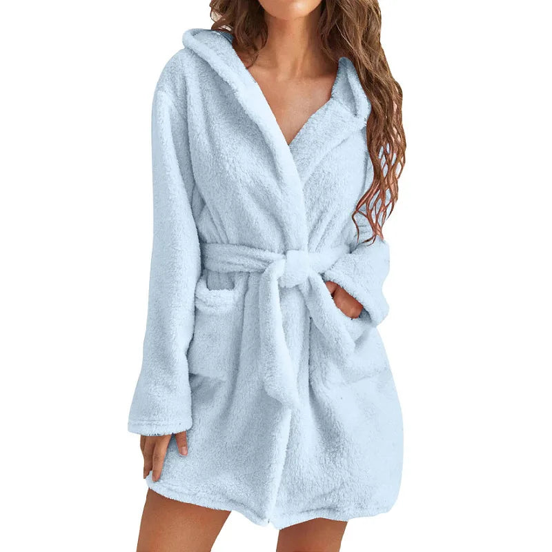 Fluffy Winter Women's Robe Plush Hooded Bathrobe Comfortable Cozy