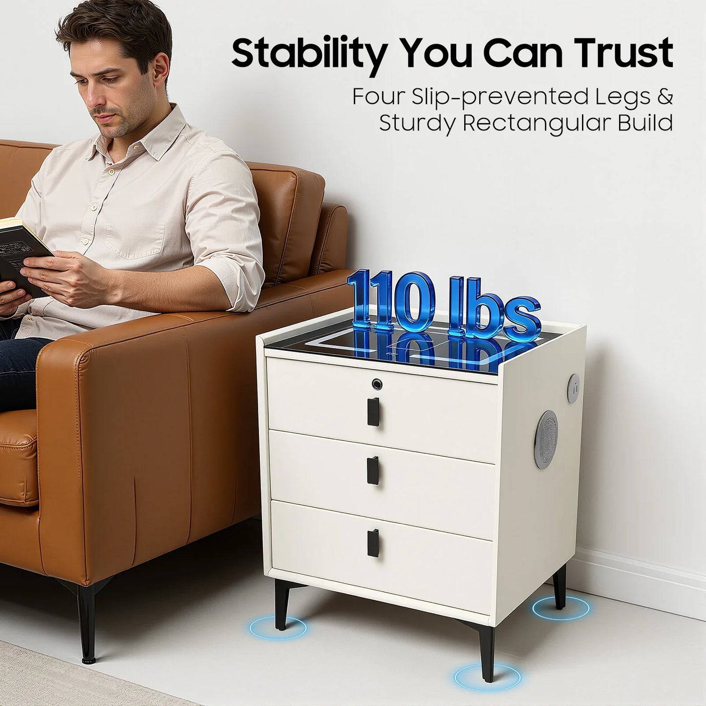Beige Bedside Cabinet Wooden 3 Drawer Smart Nightstand with LED Light & Wireless Charging & Fingerprint Lock & Bluetooth Speaker