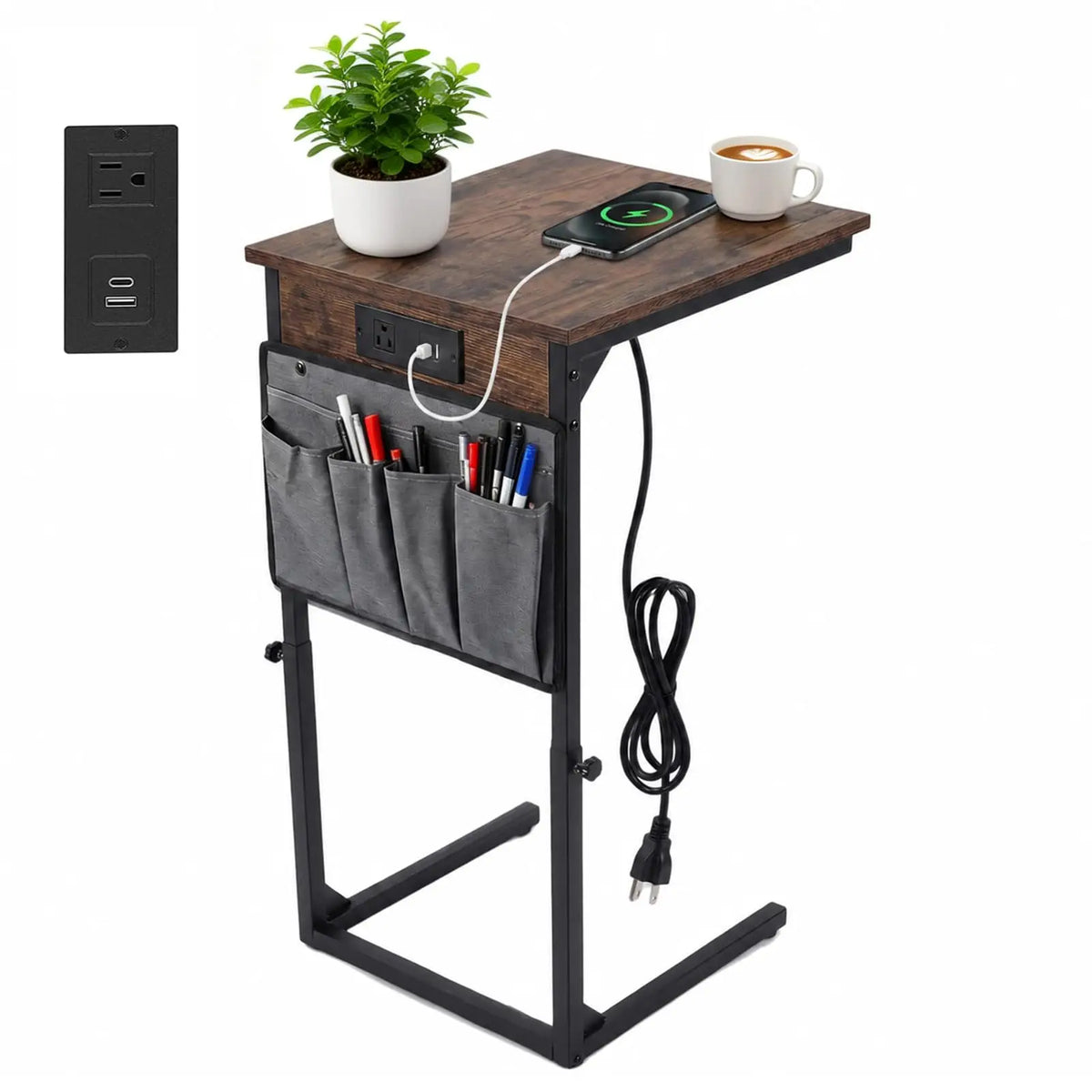 Adjustable C-Shaped Side Table with Charging Station