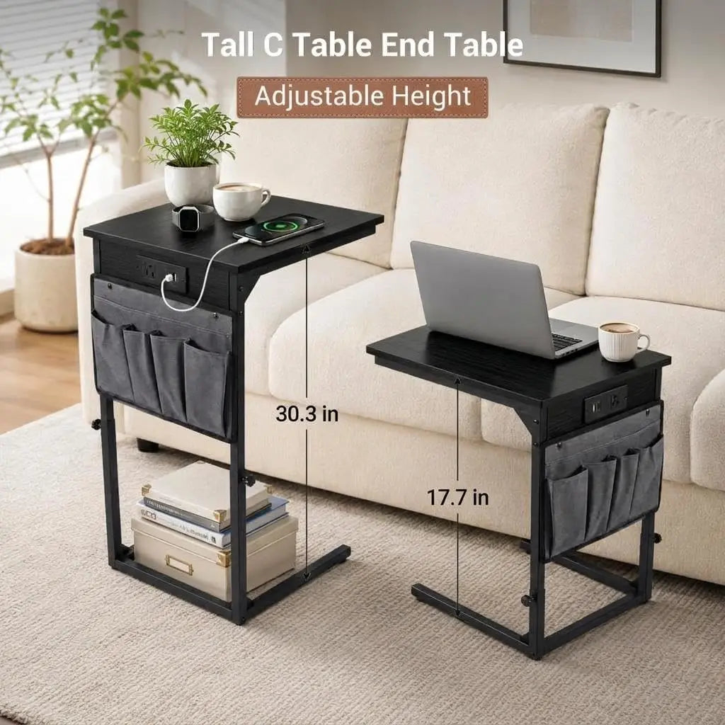 Adjustable C-Shaped Side Table with Charging Station