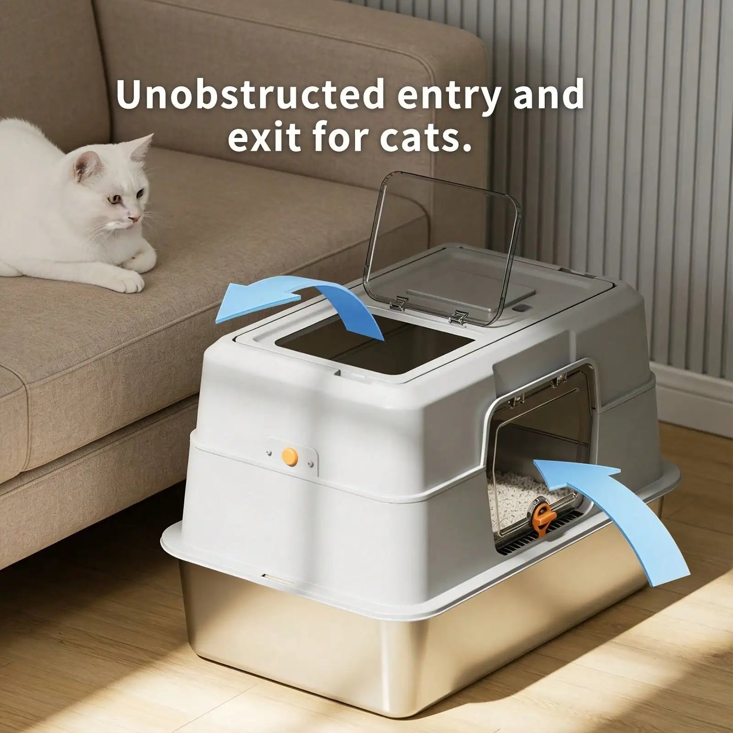 Citylife Extra Large Stainless Steel Cat Litter Box, Fully Enclosed Double Door, Long-Lasting Odor-Blocking And Splash-Resistant Cat Toilet ， 120° Flip-Top, Easy Clean