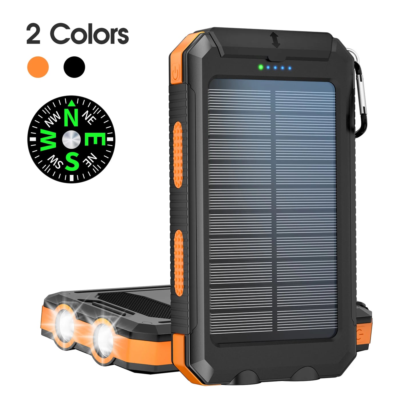 Ultra-Thin 10000mAh Solar Power Bank with Dual USB & Type-C Output, High-Brightness LED Light, Built-in Carabiner Clip