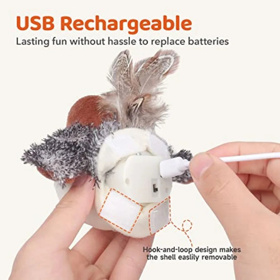 Cat Toys Rechargeable Flapping Bird Sparrow, Lifelike Chirp Tweet, Touch Activated Kitten Toy Interactive Cat Exercise Toys for