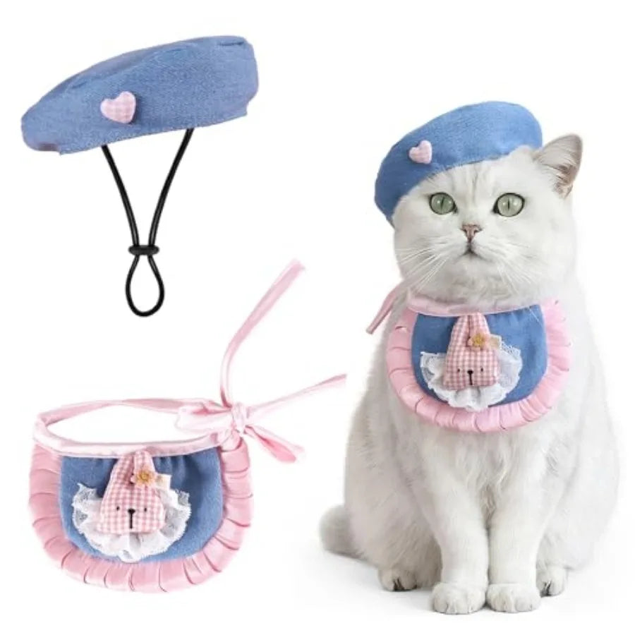 2PCS Cat Beret Hat with Small Camellia, Adjustable Satin Bowtie Bandana Scarf Set Pet Princess Costume for Halloween Christmas,